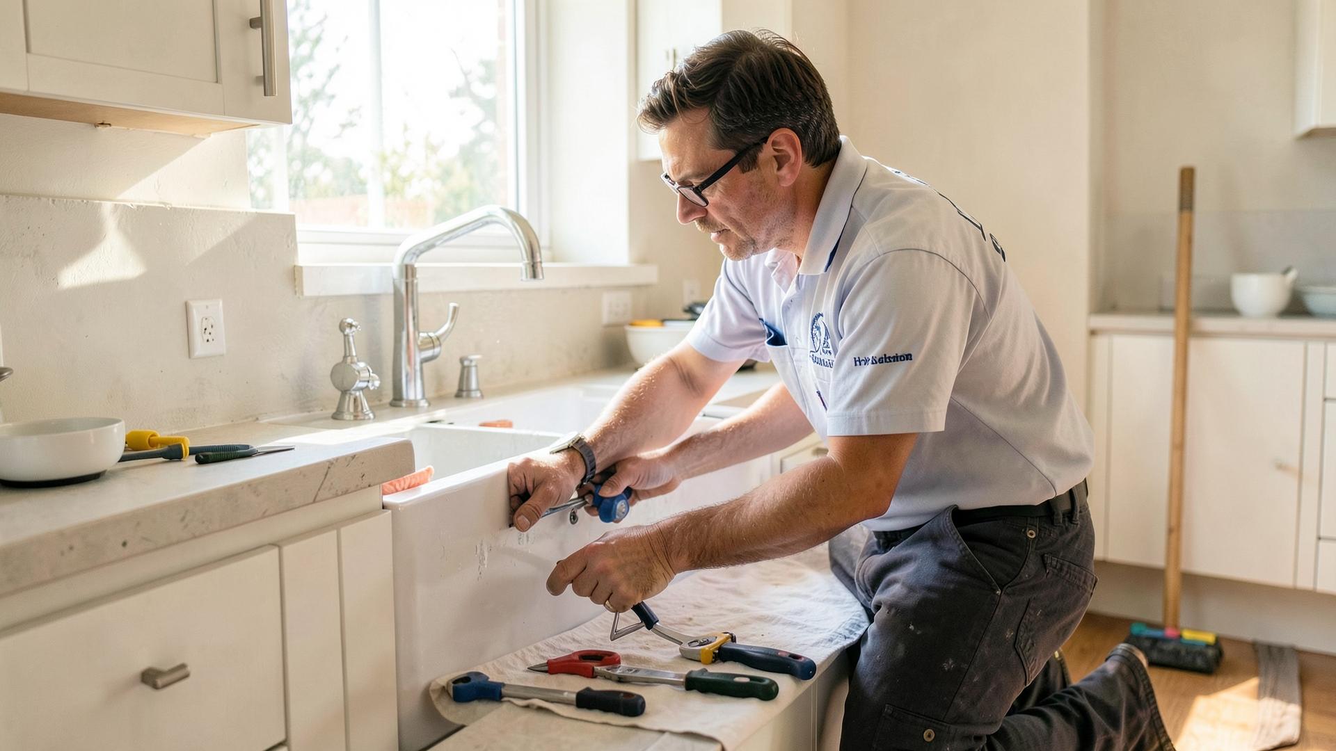 Licensed plumber from Summit Drain repairing a home water line